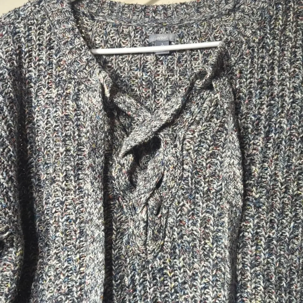 aerie Variegated Gray Woven Sweater with Criss Cross Tie Placket Women's Size SP